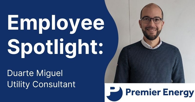 Image showing Duarte Miguel with the text Employee Spotlight, Duarte Miguel, Utility Consultant and the Premier Energy Logo